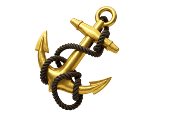Golden anchor with rope isolated on transparent background