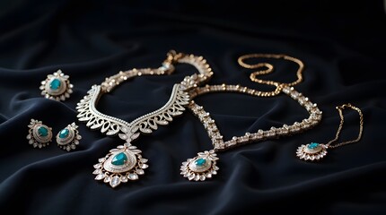 Elegant jewelry set featuring a necklace, earrings, and bracelet with emerald and diamond accents, perfect for luxury and fashion themes.