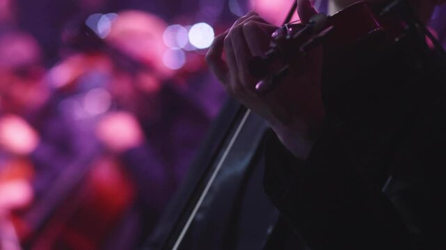 Concert view of violinist with vocalist and musical band, fiddler performing classical music, symphony orchestra performing music, violin player on stage in a club, music arena hall, fiddle and bow