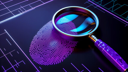 3D Render of Magnifying Glass Over Glowing Digital Fingerprint on Futuristic Interface, Representing Cybersecurity, Identity Verification, and Biometric Authentication