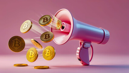 3D Render of Pink Megaphone Emitting Gold Bitcoin Coins on Pastel Background, Symbolizing Cryptocurrency Marketing, Digital Finance, and Blockchain Promotion