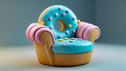 3D Render of Whimsical Donut-Inspired Armchair with Frosting and Sprinkles in Pastel Colors, Designed to Look Like a Fun Dessert-Themed Furniture Piece