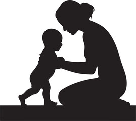 Mother helping baby walk silhouette a vector design