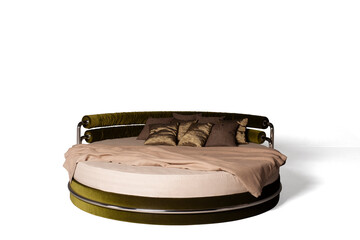 Luxurious round bed with green velvet and stylish pillows on white background. Please see some similar pictures from my portfolio