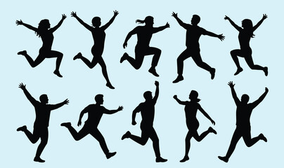 Silhouettes of ten jumping people, five male and five female, each isolated and separated from each other, dynamic poses showing energetic movement