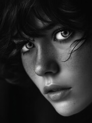 This is a high-contrast portrait of a young girl with noticeable freckles, set against a dark background. The focus on her face conveys a sense of mystery and introspection.