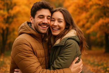 Fototapeta premium Couple hugging in fall leaves.