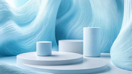 Abstract blue textured background with cylindrical display platforms