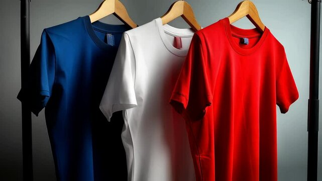 Three plain t-shirts hanging side-by-side on a wooden rack, showcasing blue, white, and red colored basic casual clothing.