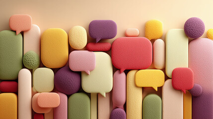 Floating pastel speech bubbles in a minimalist gradient space, symbolizing the exchange of feedback and creative ideas.