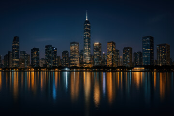 Fototapeta premium City skyline at night with glowing lights.