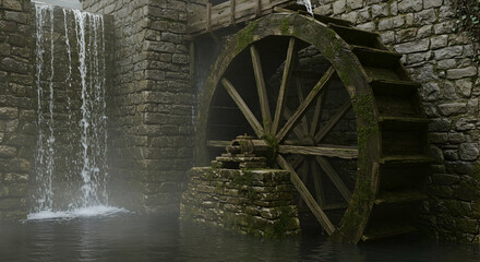 Fototapeta premium Ancient Water Mill Waterfall Rustic Stone Wheel Nature Scenery Tranquil
