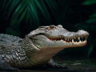 Fototapeta premium An alligator with its mouth wide open, revealing sharp teeth. This reptile is known for inhabiting swamps and wetlands.