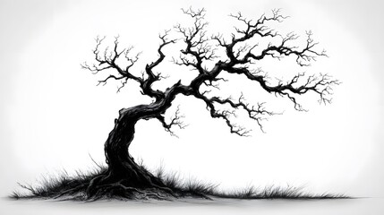 Exquisitely Styled Halloween Horror Tree Symbol with Hand Crafted, Sketch-like Detailing and Elegant Mysterious Textures for Festive White Background Decoration