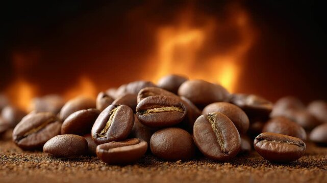 Close-Up of Roasted Coffee Beans with Fiery Background