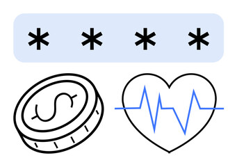 Password field with asterisks, coin with dollar sign, and heartbeat line. Ideal for security, finance, health, cyber protection, data privacy, authentication simple landing page