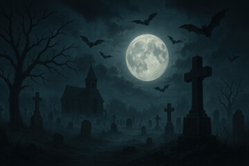 Halloween night wallpaper featuring spooky pumpkins, bats, and haunted house silhouettes.