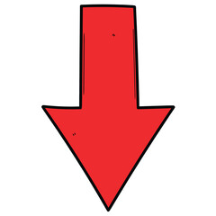 Hand drawn cartoon red arrow pointing down on white background.