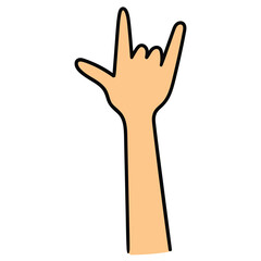 Hand drawn cartoon rock and roll hand sign on white background.
