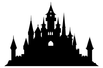 Fototapeta premium Majestic Dark Silhouette of a Grand Castle with Spires in a Fantasy Fairytale Setting