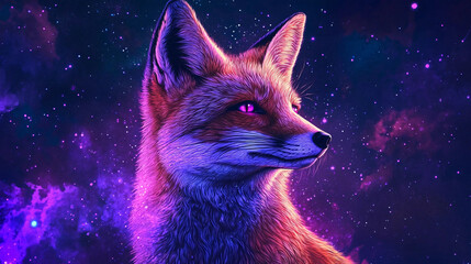 An enchanting portrait of a fox set within a vibrant and starry cosmos, looking away.