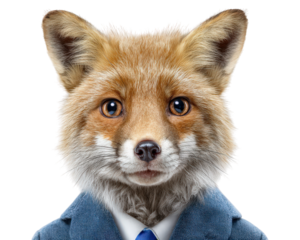 Friendly fox wearing suit, showcasing charming expression, stands out against transparency background. This unique character blends professionalism with playful touch, making it engaging visual