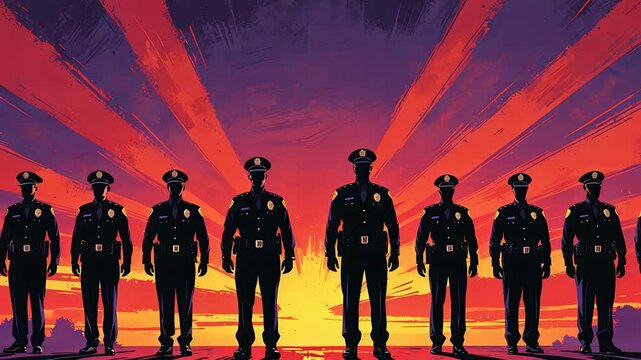 Silhouetted group of uniformed police officers standing in a row at sunset with bold red and purple rays in dramatic illustrated style

