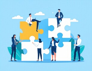 Fototapeta premium Business team assembling puzzle pieces symbolizing collaboration and problemsolving