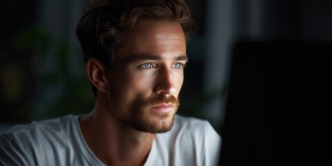 A man working late night on his computer with a focused gaze.