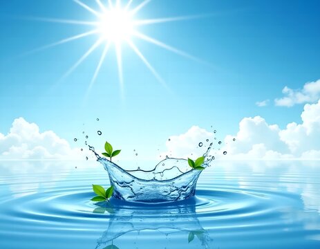 Refreshing water splash with green leaves and sunny sky