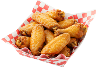 Delicious glazed chicken wings in basket isolated on transparent background
