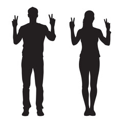 Man and woman silhouette doing peace sign vector illustration art