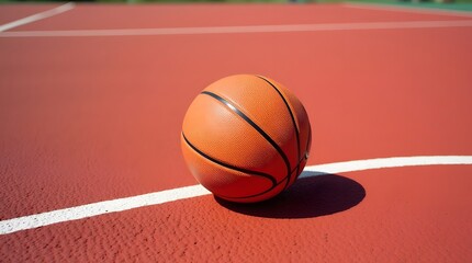 Close-up of a basketball on a red court with white lines. Ideal for sports, recreation, and teamwork themes.