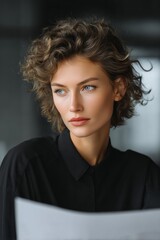 Portrait of a woman with short, stylish hair looking directly at the camera. She is wearing makeup and dressed in a contemporary fashion style.