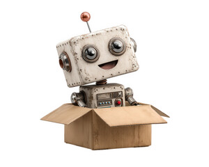 Cheerful robot with large eyes and comical expression is emerging from cardboard box. robot has vintage design, featuring metallic elements and playful demeanor, evoking sense of joy and curiosity