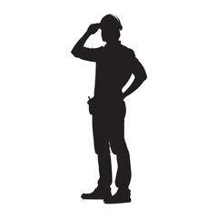 Silhouette of construction worker with hard hat and tool belt vector
