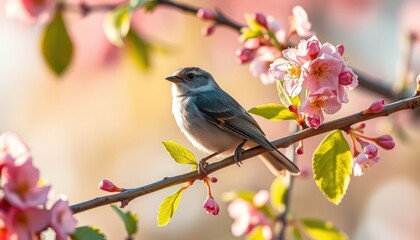 Fototapeta premium Enchanting Encounter: Songbird perched amidst cherry blossoms in springtime