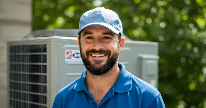 Friendly HVAC Technician Smiling Confidently Near Air Conditioning Unit Providing Home Comfort Solutions