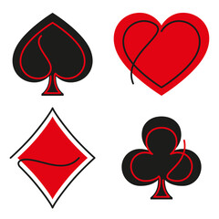 Suits of playing cards. Diamonds, hearts, clubs, spades symbol. Deck sign vector icon set. Cards symbols vector illustration symbols isolated on white background.