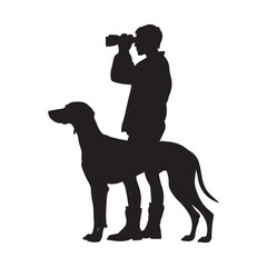Silhouette of man with binoculars and dog hunting vector illustration