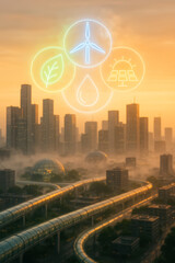 Holographic Eco Turbine Shining in Dawn Cityscape