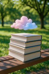 Books Stacked on Bench with Floating Pastel Cloud Above