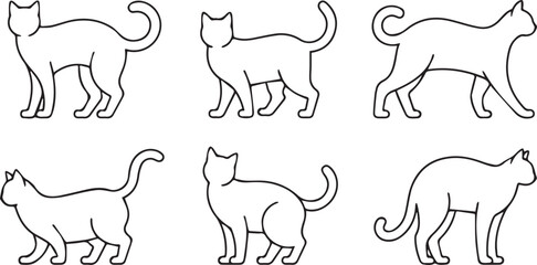 Six cat silhouettes line art set silhouette