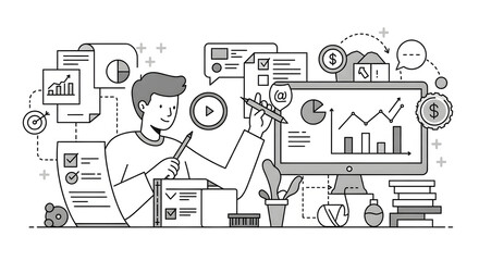 Business Analyst Working with Data Charts and Graphs on Computer Screen in Modern Office