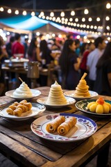 Delicious Street Food Variety at Night Market with Cheerful Atmosphere