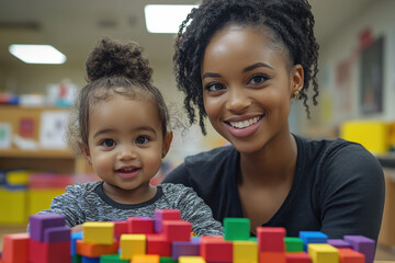 Woman and child building towers with colorful blocks.