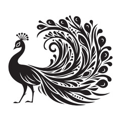 Royal Display Peacock silhouette in full plume – Peacock illustration – Minimalist Peacock vector – Bird silhouette – Bird vector

