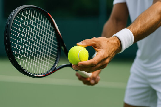 Tennis player ready to serve, holding ball and racket.