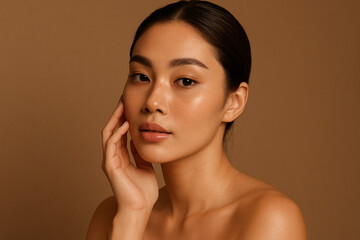Asian woman portrait glowing skin touching face beauty shot clean beauty skincare routine natural makeup youthful radiance serene expression brown background minimal aesthetic healthy complexion