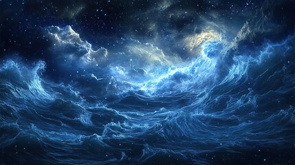 A dreamlike depiction of an enchanted cosmic ocean where the waves are made of stars.